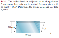 8-25. The rubber block is subjected to an elongation of
3 mm. along the x axis, and its vertical faces are given a tilt
so that e- 89.3°. Determine the strains e e, and y. Take
",-0.5.
300 mm
400 mm
