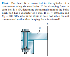 R8-6. The head H is connected to the cylinder of a
compressor using six steel bolts. If the clamping force in
each bolt is 4 kN, determine the normal strain in the bolts.
Each bolt has a diameter of 5 mm. If ay = 280 MPa and
E - 200 GPa, what is the strain in each bolt when the nut
is unscrewed so that the clamping force is released?
