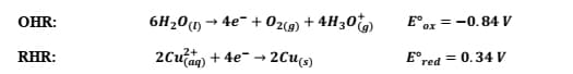OHR:
6H20(1) → 4e- + 02c9) + 4H30)
E°ar = -0.84 V
,2+
RHR:
2Cufag) + 4e- → 2Cus)
E°red = 0.34 V
