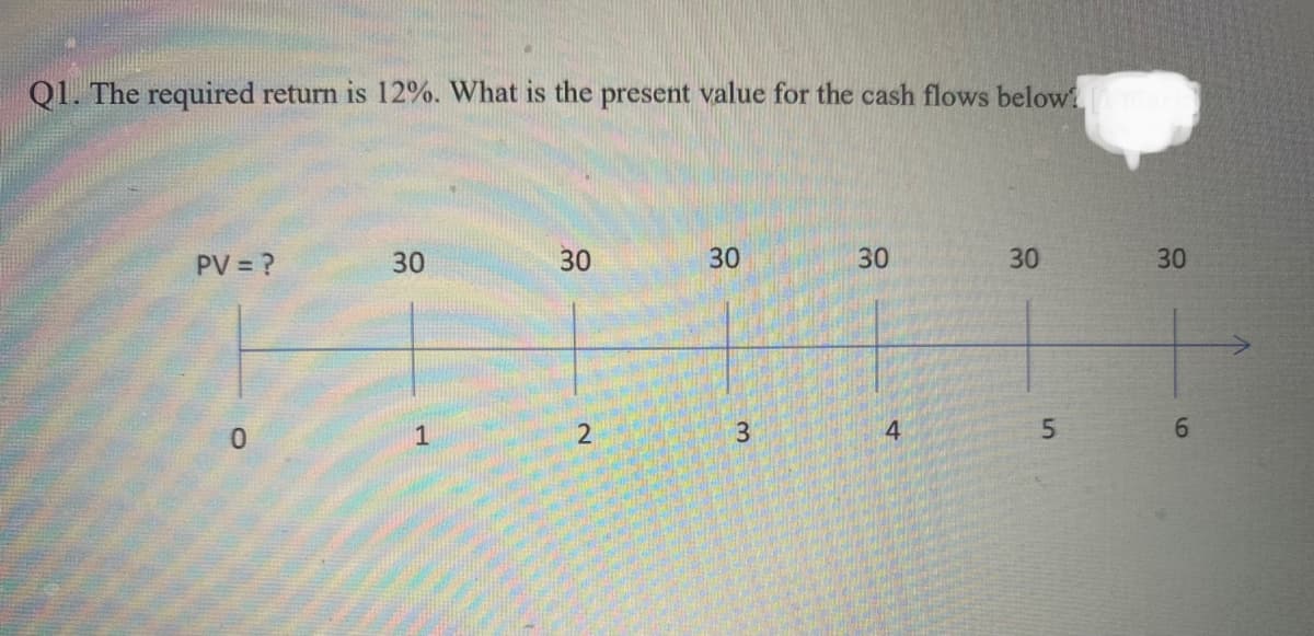 Q1. The required return is 12%. What is the present value for the cash flows below
PV = ?
30
30
30
30
30
1
6.
30
