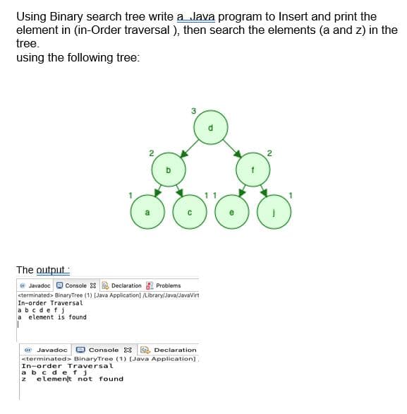 Using Binary search tree write a Java program to Insert and print the
element in (in-Order traversal ), then search the elements (a and z) in the
tree.
using the following tree:
2
2
The output
e Javadoc O console 3 Declaration Problems
<terminated> BinaryTree (1) [Java Application] /Library/Java/Javavirt
In-order Traversal
abcdefj
a element is found
a Javadoc
O Console 3 Q Declaration
<terminated> BinaryTree (1) (Java Application].
In-order Traversal
abc de fj
elemenſt not found
