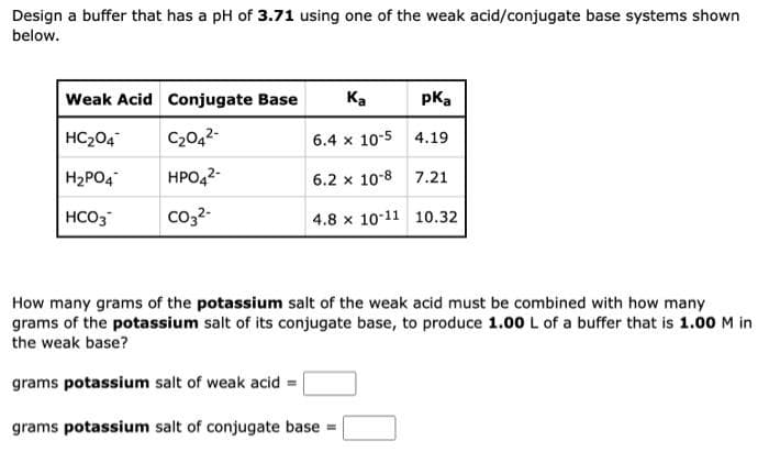 Design a buffer that has a pH of 3.71 using one of the weak acid/conjugate base systems shown
below.
Weak Acid Conjugate Base
HC₂04
H₂PO4
HCO3
C₂04²-
HPO4²-
CO3²-
pka
Ka
6.4 x 10-5
4.19
6.2 x 10-8
7.21
4.8 x 10-11 10.32
How many grams of the potassium salt of the weak acid must be combined with how many
grams of the potassium salt of its conjugate base, to produce 1.00 L of a buffer that is 1.00 M in
the weak base?
grams potassium salt of weak acid =
grams potassium salt of conjugate base =