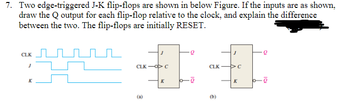 7. Two edge-triggered J-K flip-flops are shown in below Figure. If the inputs are as shown,
draw the Q output for each flip-flop relative to the clock, and explain the difference
between the two. The flip-flops are initially RESET.
J
J
Q
CLK
J
CLK->C
CLK
DC
K
K
(a)
(b)
K
ē
JOI