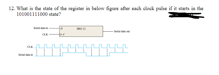12. What is the state of the register in below figure after each clock pulse if it starts in the
101001111000 state?
Serial data in
D
SRG 12
Serial data out
CLK
CLK
Serial data in
1
C