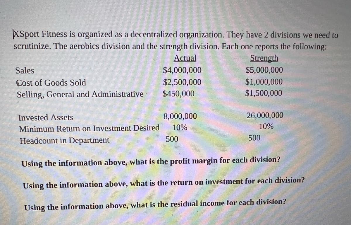 XSport Fitness is organized as a decentralized organization. They have 2 divisions we need to
scrutinize. The aerobics division and the strength division. Each one reports the following:
Actual
Strength
Sales
$4,000,000
$5,000,000
Cost of Goods Sold
Selling, General and Administrative
$2,500,000
$450,000
$1,000,000
$1,500,000
Invested Assets
8,000,000
26,000,000
Minimum Return on Investment Desired
10%
10%
Headcount in Department
500
500
Using the information above, what is the profit margin for each division?
Using the information above, what is the return on investment for each division?
Using the information above, what is the residual income for each division?
