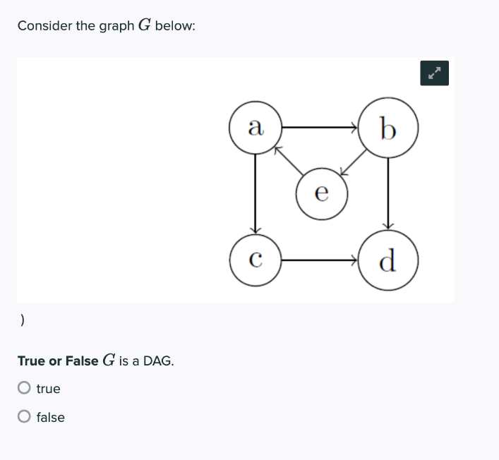 Consider the graph G below:
a
b
d
)
True or False G is a DAG.
true
false
