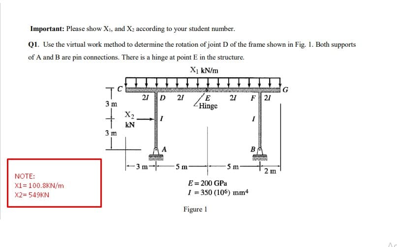 Important: Please show X1, and X2 according to your student number.
Q1. Use the virtual work method to determine the rotation of joint D of the frame shown in Fig. 1. Both supports
of A and B are pin connections. There is a hinge at point E in the structure.
X1 kN/m
21 D
21
21 F 21
3 m
Hinge
X2
kN
3 m
A
- 3 m--
-5 m
5 m
2 m
NOTE:
X1 = 100.8KN/m
E= 200 GPa
X2= 549KN
I = 350 (106) mm4
Figure 1
