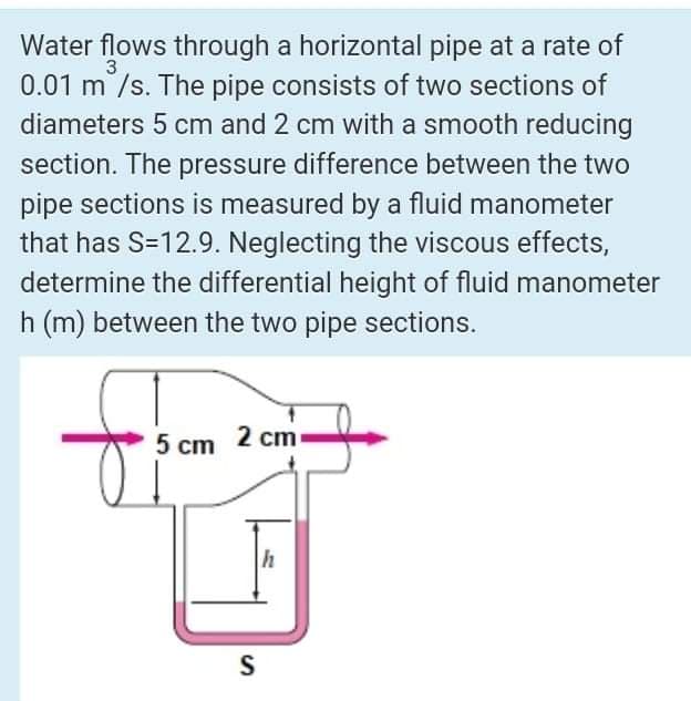 Water flows through a horizontal pipe at a rate of
0.01 m /s. The pipe consists of two sections of
3
diameters 5 cm and 2 cm with a smooth reducing
section. The pressure difference between the two
pipe sections is measured by a fluid manometer
that has S=12.9. Neglecting the viscous effects,
determine the differential height of fluid manometer
h (m) between the two pipe sections.
5 cm 2 cm
h
S
