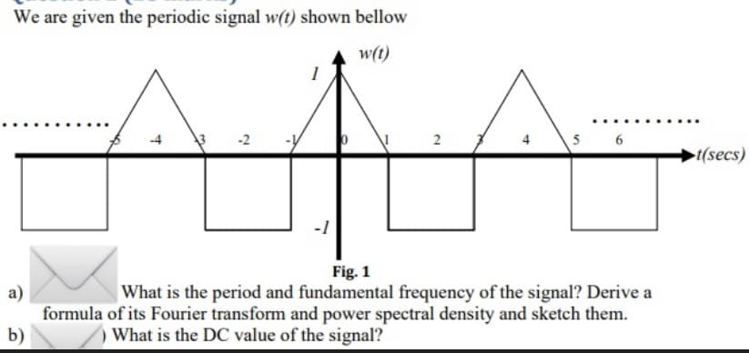 We are given the periodic signal w(t) shown bellow
w(t)
-2
2
4
►t(secs)
Fig. 1
What is the period and fundamental frequency of the signal? Derive a
a)
formula of its Fourier transform and power spectral density and sketch them.
b)
)What is the DC value of the signal?
