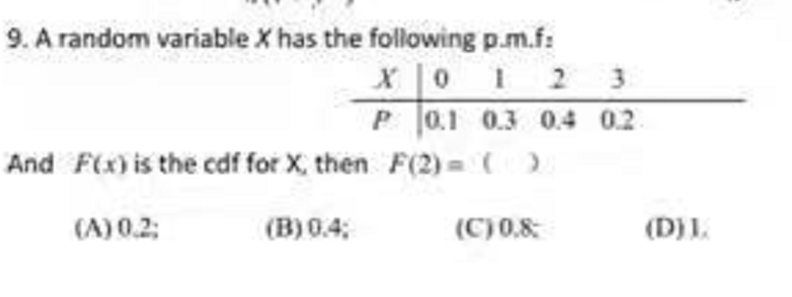 9. A random variable X has the following p.m.f:
X0 1 2 3
P 0.1 0.3 0.4 02
And F(x) is the cdf for X, then F(2) =()
(A) 0.2;
(B) 0.4;
(C)0.8
(D)I.
