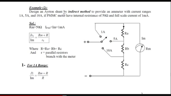 Example (2):
Design an Ayrton shunt by indirect method to provide an ammeter with current ranges
1A, SA, and 10A, if PMMC metet have internal resistance of 502 and full scale current of ImA.
Sol.:
Rm-502 Irsp=Im=lmA
1A
Ra
Ir. Rm+ R
Im
SA
Im
+o
Rm
Where R=Ra+ Rb+ Rc
And r= parallel resistors
branch with the meter
Rb
10A
1- For 1A Range:
Re
I1 Rm + R
Im
R
