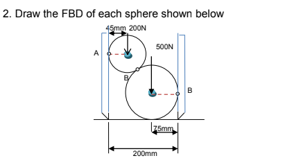 2. Draw the FBD of each sphere shown below
45mm 200N
500N
A 6
75mm
200mm
