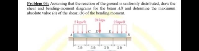 Problem 04: Assuming that the reaction of the ground is uniformly distributed, draw the
shear and bending-moment diagrams for the beam AB and determine the maximum
absolute value (a) of the shear, (b) of the bending moment.
m. Lm,
2 kipst
24 kips
2 kapsit
D
3t 3
