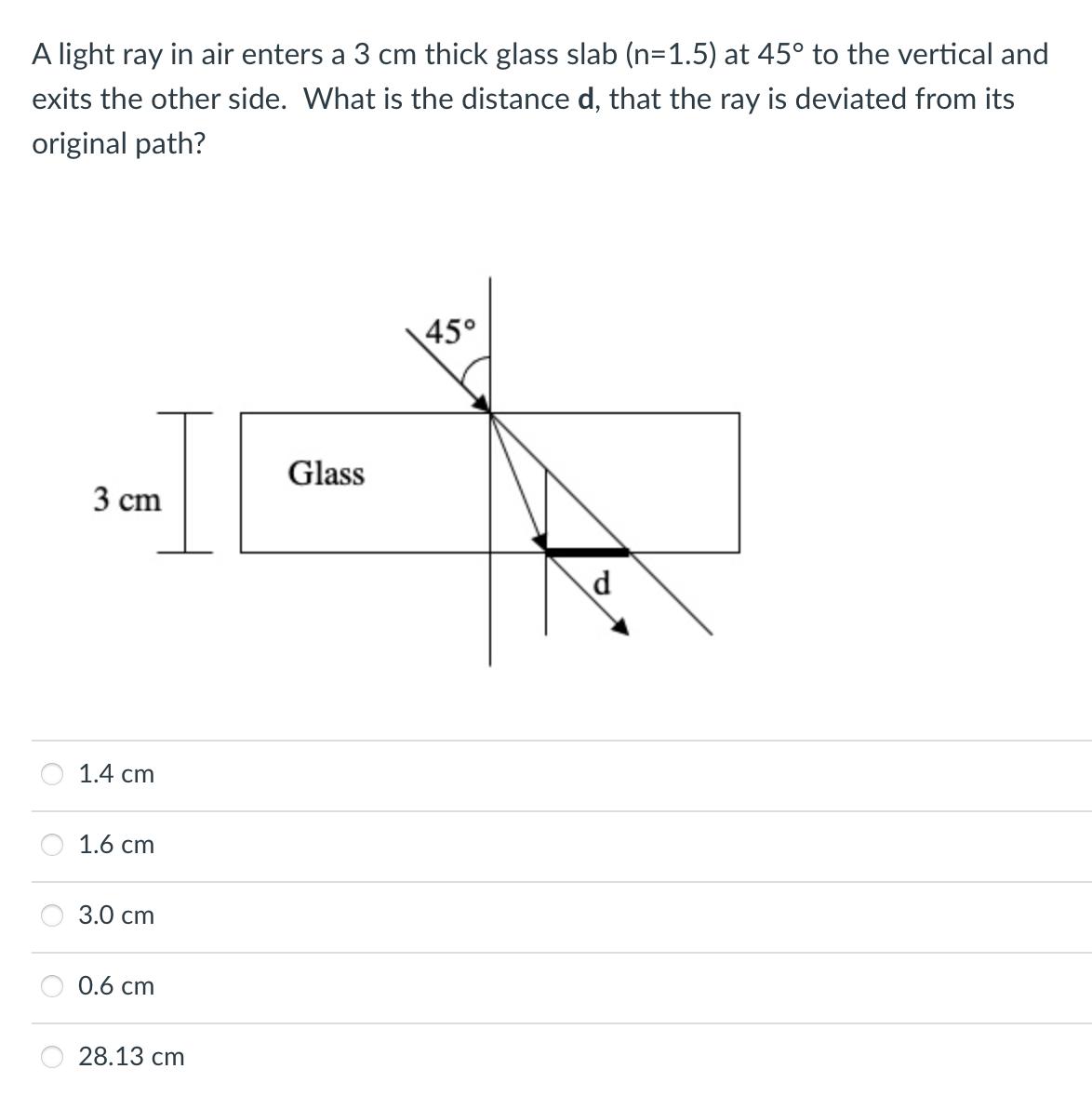 A light ray in air enters a 3 cm thick glass slab (n=1.5) at 45° to the vertical and
exits the other side. What is the distance d, that the ray is deviated from its
original path?
\45°
Glass
3 cm
d.
1.4 cm
1.6 cm
3.0 ст
0.6 cm
28.13 cm
