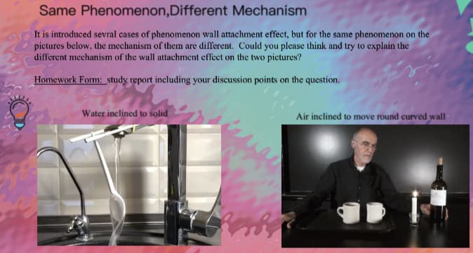 Same Phenomenon, Different Mechanism
It is introduced sevral cases of phenomenon wall attachment effect, but for the same phenomenon on the
pictures below, the mechanism of them are different. Could you please think and try to explain the
different mechanism of the wall attachment effect on the two pictures?
Homework Form: study report including your discussion points on the question.
Water inclined to solid
Air inclined to move round curved wall