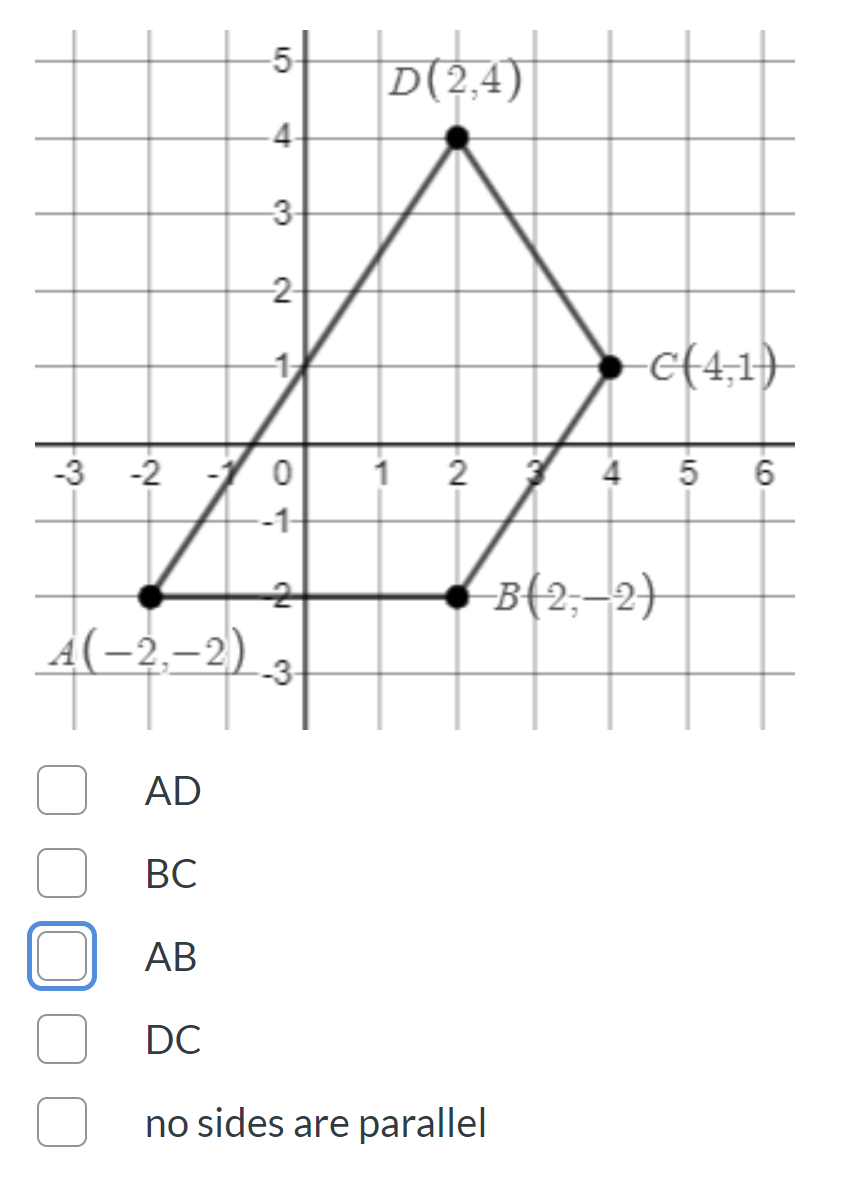 D(2,4)
4-
-3-
2-
c(4,1)
-3 -2
1 2
4 5
6
B{2;–2)
A(-2,–2)
-3-
AD
ВС
АВ
DC
no sides are parallel
5.
1,
1.
