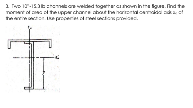 3. Two 10"-15.3 lb channels are welded together as shown in the figure. Find the
moment of area of the upper channel about the horizontal centroidal axis x, of
the entire section. Use properties of steel sections provided.
