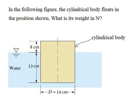 In the following figure, the cylindrical body floats in
the position shown. What is its weight in N?
cylindrical body
8 сm
13 сm
Water
D = 14 cm-
