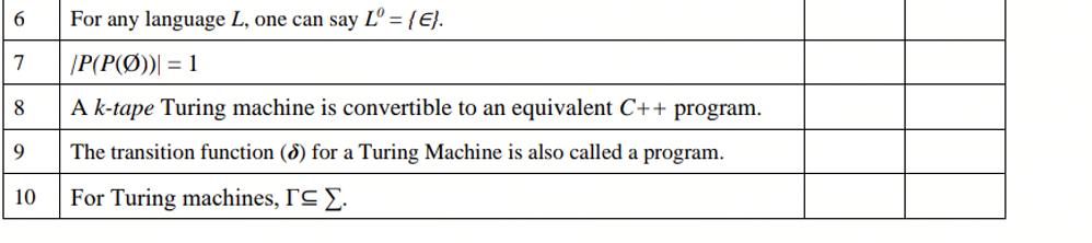 For any language L, one can say Lº = {E}.
7
|P(P(Ø))| = 1
8.
A k-tape Turing machine is convertible to an equivalent C++ program.
9
The transition function (8) for a Turing Machine is also called a program.
10
For Turing machines, I'C E.
