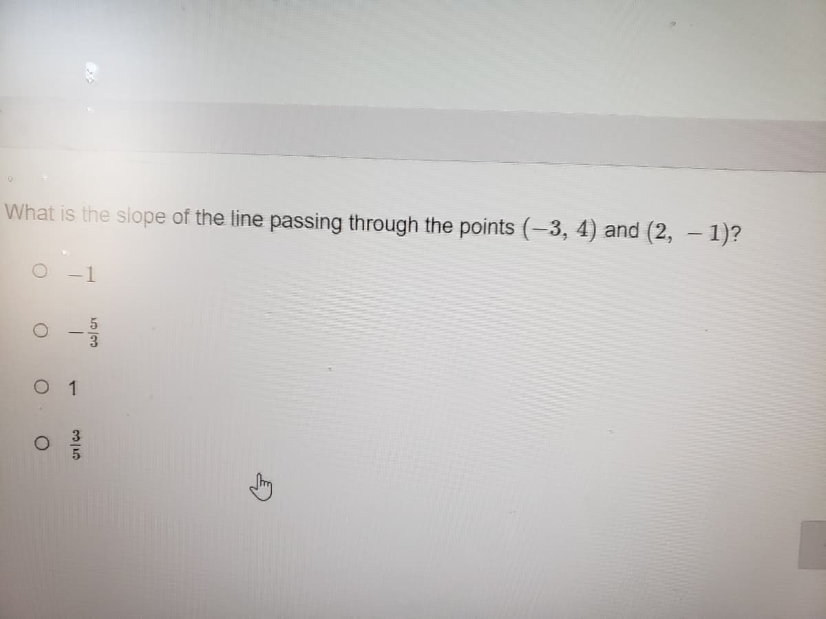 What is the slope of the line passing through the points (-3, 4) and (2, – 1)?
-1
