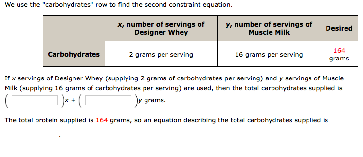 We use the "carbohydrates" row to find the second constraint equation.
y, number of servings of
x, number of servings of
Designer Whey
Desired
Muscle Milk
164
Carbohydrates
2 grams per serving
16 grams per serving
grams
If x servings of Designer Whey (supplying 2 grams of carbohydrates per serving) and y servings of Muscle
Milk (supplying 16 grams of carbohydrates per serving) are used, then the total carbohydrates supplied is
+
grams.
The total protein supplied is 164 grams, so an equation describing the total carbohydrates supplied is
