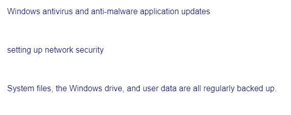 Windows antivirus and anti-malware application updates
setting up network security
System files, the Windows drive, and user data are all regularly backed up.