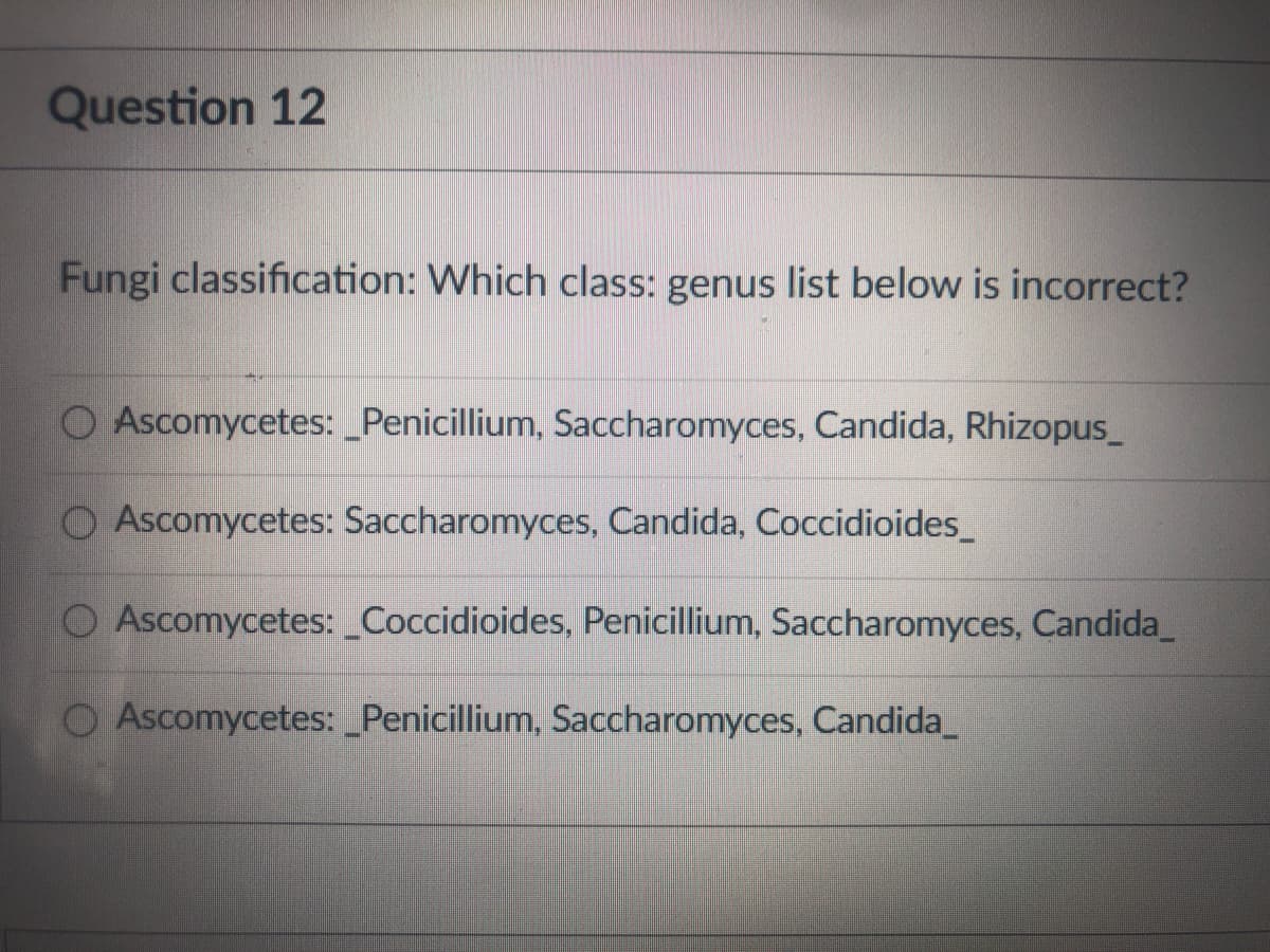 Question 12
Fungi classification: Which class: genus list below is incorrect?
O Ascomycetes: _Penicillium, Saccharomyces, Candida, Rhizopus_
O Ascomycetes: Saccharomyces, Candida, Coccidioides_
O Ascomycetes: Coccidioides, Penicillium, Saccharomyces, Candida_
O Ascomycetes: _Penicillium, Saccharomyces, Candida_
