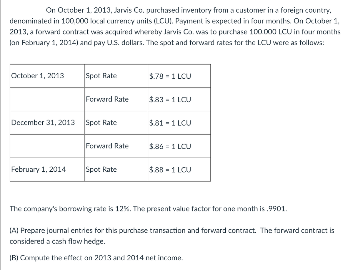 On October 1, 2013, Jarvis Co. purchased inventory from a customer in a foreign country,
denominated in 100,000 local currency units (LCU). Payment is expected in four months. On October 1,
2013, a forward contract was acquired whereby Jarvis Co. was to purchase 100,000 LCU in four months
(on February 1, 2014) and pay U.S. dollars. The spot and forward rates for the LCU were as follows:
October 1, 2013
Spot Rate
$.78 = 1 LCU
Forward Rate
$.83 = 1 LCU
December 31, 2013
Spot Rate
$.81 = 1 LCU
Forward Rate
$.86 = 1 LCU
February 1, 2014
Spot Rate
$.88 = 1 LCU
The company's borrowing rate is 12%. The present value factor for one month is .9901.
(A) Prepare journal entries for this purchase transaction and forward contract. The forward contract is
considered a cash flow hedge.
(B) Compute the effect on 2013 and 2014 net income.
