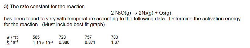 3) The rate constant for the reaction
2 N20(g) → 2N2(g) + O2(g)
has been found to vary with temperature according to the following data. Determine the activation energy
for the reaction. (Must include best fit graph).
e 1°C
k /s1
565
728
757
780
1.10 x 10-3 0.380
0.871
1.67
