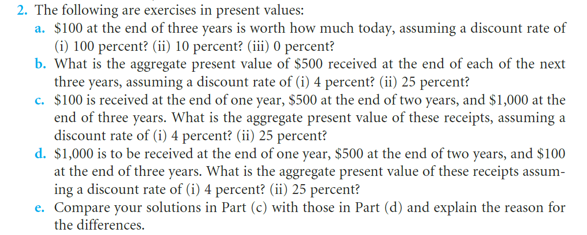 2. The following are exercises in present values:
a. $100 at the end of three years is worth how much today, assuming a discount rate of
(i) 100 percent? (ii) 10 percent? (iii) 0 percent?
b. What is the aggregate present value of $500 received at the end of each of the next
three years, assuming a discount rate of (i) 4 percent? (ii) 25 percent?
c. $100 is received at the end of one year, $500 at the end of two years, and $1,000 at the
end of three years. What is the aggregate present value of these receipts, assuming a
discount rate of (i) 4 percent? (ii) 25 percent?
d. $1,000 is to be received at the end of one year, $500 at the end of two years, and $100
at the end of three years. What is the aggregate present value of these receipts assum-
ing a discount rate of (i) 4 percent? (ii) 25 percent?
e. Compare your solutions in Part (c) with those in Part (d) and explain the reason for
the differences.
