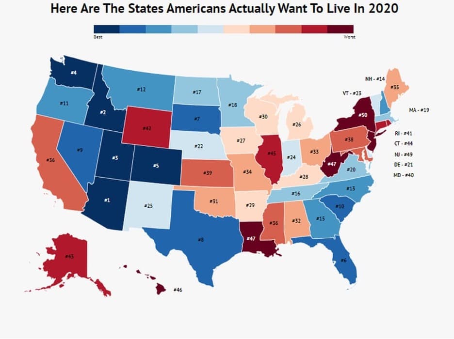 Here Are The States Americans Actually Want To Live In 2020
Worst
NH - 14
#12
#35
VT - 23
17
#11
#18
MA - 19
30
150
#26
42
RI - 241
27
*38
CT- 44
22
45
133
NJ - 149
13
24
*36
247
DE - 21
#20
39
34
#28
MD - 40
#13
#16
#31
#25
#29
*10
#15
32
*36
247
#43
46
