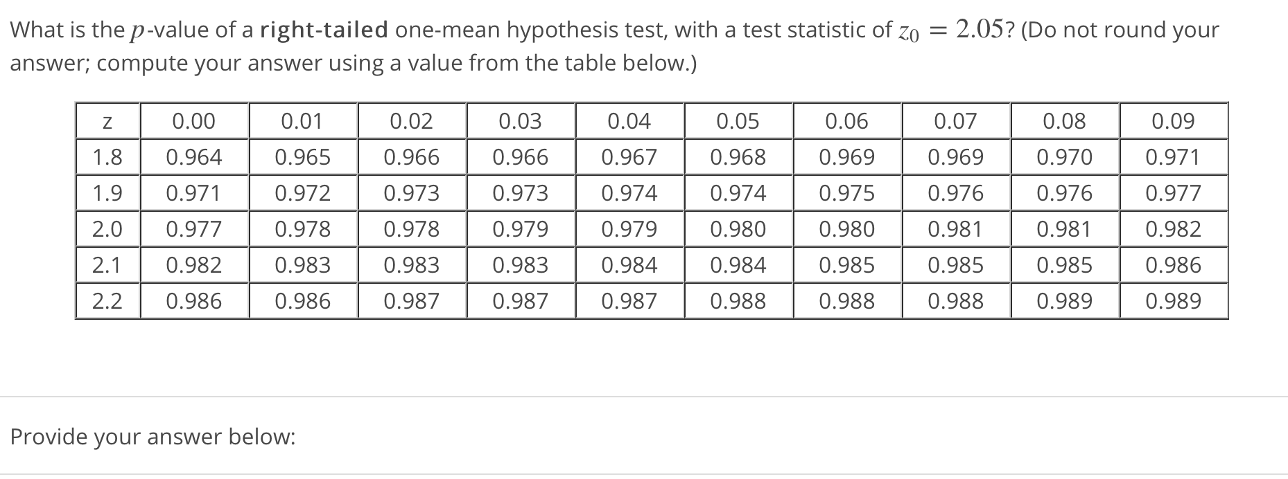 What is the p-value of a right-tailed one-mean hypothesis test, with a test statistic of zo
answer; compute your answer using a value from the table below.)
2.05? (Do not round your
0.00
1.8 0.964
1.90.971
2.0 0.977
2.10.982
2.20.986
0.01
0.965
0.972
0.978
0.983
0.986
0.02
0.966
0.973
0.978
0.983
0.987
0.03
0.966
0.973
0.979
0.983
0.987
0.04
0.967
0.974
0.979
0.984
0.987
0.05
0.968
0.974
0.980
0.984
0.988
0.06
0.969
0.975
0.980
0.985
0.988
0.07
0.969
0.976
0.981
0.985
0.988
0.08
0.970
0.976
0.981
0.985
0.989
0.09
0.971
0 977
0.982
0.986
0.989
Provide your answer below
