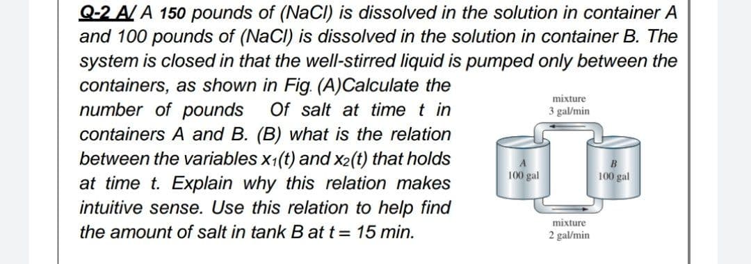 Q-2 AL A 150 pounds of (NaCl) is dissolved in the solution in container A
and 100 pounds of (NaCI) is dissolved in the solution in container B. The
system is closed in that the well-stirred liquid is pumped only between the
containers, as shown in Fig. (A)Calculate the
number of pounds
mixture
Of salt at time t in
3 gal/min
containers A and B. (B) what is the relation
between the variables x1(t) and x2(t) that holds
at time t. Explain why this relation makes
intuitive sense. Use this relation to help find
the amount of salt in tank B at t= 15 min.
100 gal
100 gal
mixture
2 gal/min
