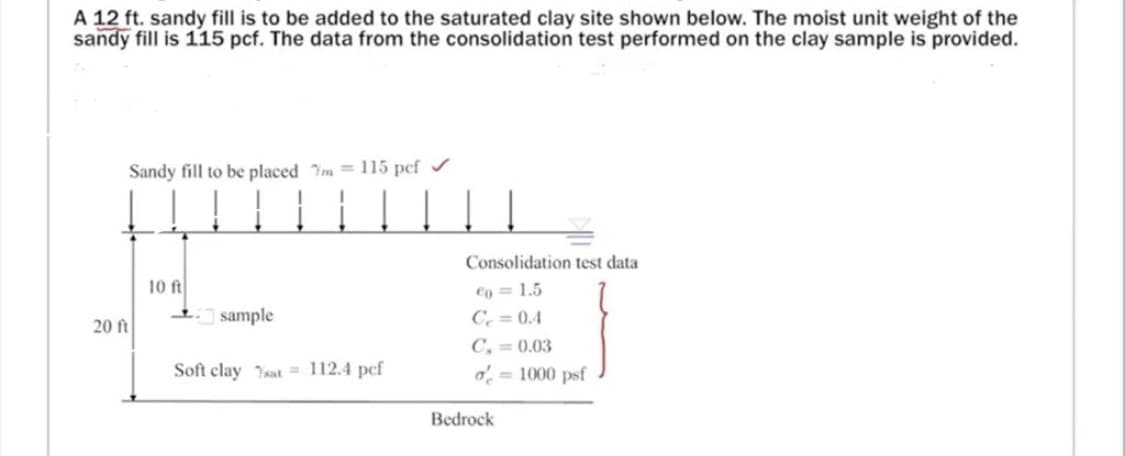 A 12 ft. sandy fill is to be added to the saturated clay site shown below. The moist unit weight of the
sandy fill is 115 pcf. The data from the consolidation test performed on the clay sample is provided.
Sandy fill to be placed 7m = 115 pcf /
Consolidation test data
10 ft
Co = 1.5
C = 0.4
1 sample
20 ft
C, =0.03
Soft clay sat = 112.4 pcf
o = 1000 psf
Bedrock
