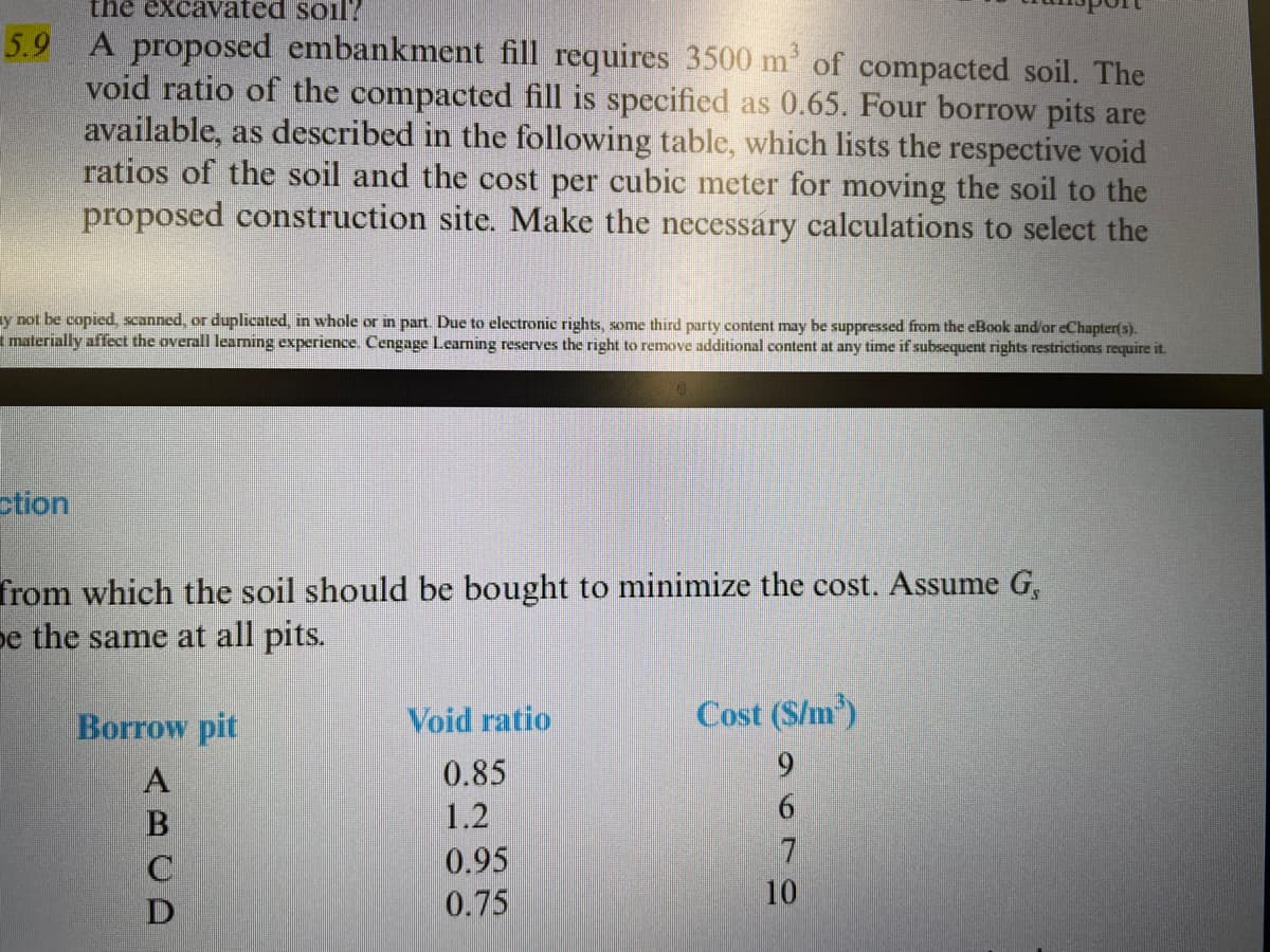 the excavated soil?
5.9
A proposed embankment fill requires 3500 m' of compacted soil. The
void ratio of the compacted fill is specified as 0.65. Four borrow pits are
available, as described in the following table, which lists the respective void
ratios of the soil and the cost per cubic meter for moving the soil to the
proposed construction site. Make the necessary calculations to select the
y not be copied, scanned, or duplicated, in whole or in part. Due to electronic rights, some third party content may be suppressed from the eBook and/or eChapter(s).
I materially affect the overall learning experience. Cengage Learning reserves the right to remove additional content at any time if subsequent rights restrictions require it.
ction
from which the soil should be bought to minimize the cost. Assume G,
pe the same at all pits.
Borrow pit
Void ratio
Cost (S/m)
0.85
1.2
0.95
10
0.75
ABCD
