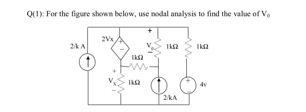 Q(1): For the figure shown below, use nodal analysis to find the value of Vo
2Vx
2/k A
V.
1k2
1kQ
1kQ
1kN
4v
2/kA
