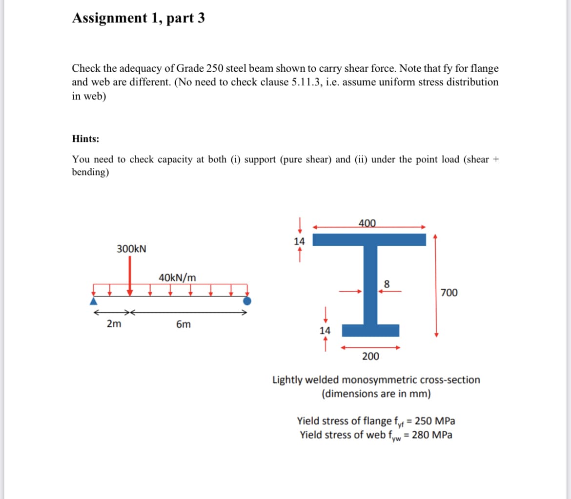 Assignment 1, part 3
Check the adequacy of Grade 250 steel beam shown to carry shear force. Note that fy for flange
and web are different. (No need to check clause 5.11.3, i.e. assume uniform stress distribution
in web)
Hints:
You need to check capacity at both (i) support (pure shear) and (ii) under the point load (shear +
bending)
300KN
2m
*
40kN/m
6m
14
400
I
8
14
200
700
Lightly welded monosymmetric cross-section
(dimensions are in mm)
Yield stress of flange fyf = 250 MPa
Yield stress of web fyw = 280 MPa