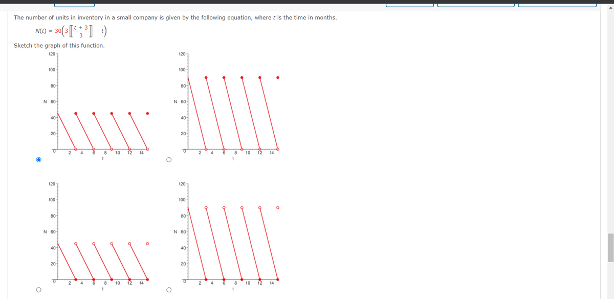 The number of units in inventory in a small company is given by the following equation, where t is the time in months.
- 30( 3 [[ * +³] - t)
N(t) = 30
Sketch the graph of this function.
120
O
100-
80-
N 60-
40-
20-
120
100
80-
N 60-
40-
20-
0
2
2
4
4
6
8
t
8
t
10
10
12 14
12 14
120
O
100
80
N 60-
40-
20
2
4
6
120
100
80
Au
N 60-
40
20
2 4
6
8
t
8
t
10
10
12 14
12
14