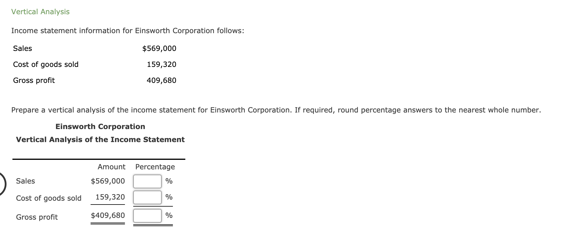 Vertical Analysis
Income statement information for Einsworth Corporation follows:
