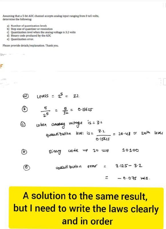 Assuming that a 5-bit ADC channel accepts analog input ranging from 0 tos volts,
determine the following
a) Number of quantization levels
b) Step size of quantizer or resolution
) Quantization level when the analog voltage is 3.2 volts
dj Binary code produced by the ADC
e) Quantization error.
Please provide details/explanation. Thank you.
She
F
Levels = 2 = 32
最=
=
OI5625
25
when anasag voltoge is 32
3.2
euauti tation level is=
= 20.48 = 20th lever
57951-0
Binay code = 20 =
10100
quauti zation error =
3.125- 3.2
- 0.075 ws.
A solution to the same result,
but I need to write the laws clearly
and in order
