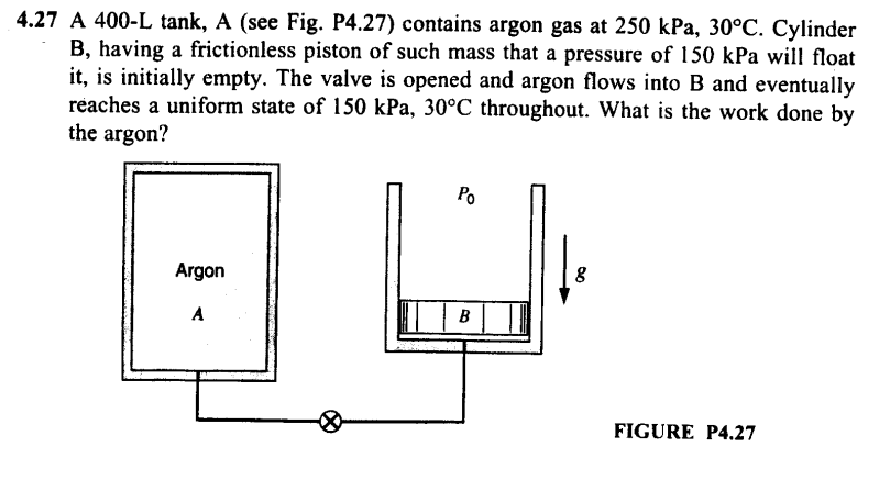 4.27 A 400-L tank, A (see Fig. P4.27) contains argon gas at 250 kPa, 30°C. Cylinder
B, having a frictionless piston of such mass that a pressure of 150 kPa will float
it, is initially empty. The valve is opened and argon flows into B and eventually
reaches a uniform state of 150 kPa, 30°C throughout. What is the work done by
the argon?
Po
8
Argon
A
FIGURE P4.27
B