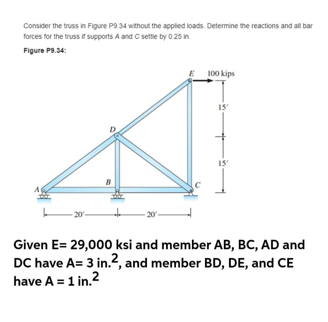 Consider the truss in Figure P9.34 without the applied loads. Determine the reactions and all bar
forces for the truss if supports A and C settle by 0.25 in.
Figure P9.34:
E
100 kips
15'
15'
20
20'-
Given E= 29,000 ksi and member AB, BC, AD and
2
DC have A= 3 in., and member BD, DE, and CE
have A = 1 in.
%3D
