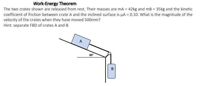 Work-Energy Theorem
The two crates shown are released from rest. Their masses are mA = 42kg and mB = 35kg and the kinetic
coefficient of friction between crate A and the inclined surface is µA = 0.10. What is the magnitude of the
velocity of the crates when they have moved 500mm?
Hint: separate FBD of crates A and B.
A
30°
B
