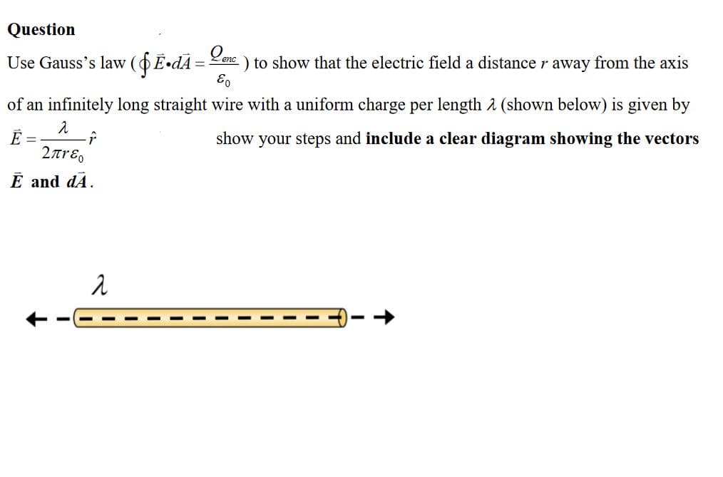 Use Gauss's law (OE•dÃ
) to show that the electric field a distance r away from the axis
enc
of an infinitely long straight wire with a uniform charge per length 2 (shown below) is given by
Ē =
2arɛ,
show your steps and include a clear diagram showing the vectors
E and dA.
