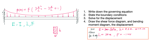 pla) = F( 3ž-3+1)
1. Write down the governing equation
2. State the boundary conditions
3. Solve for the displacement
4. Draw the shear force diagram, and bending
E, I,L,F
moment diagram, the displacement
use
E= 200 Gla, ho 0.ZM. W=0, | m
these
FE -I KN
for A my L= 20 m
