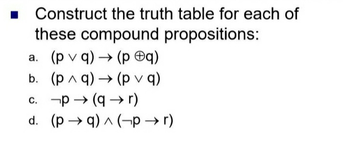 Construct the truth table for each of
these compound propositions:
a. (pvq) → (p @q)
b. (p^q) → (pv q)
p(q→→r)
c.
(ud-) v (b←d) p