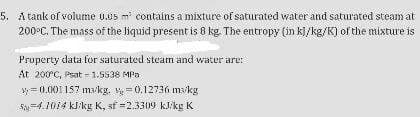 5. Atank of volume 0.05 m contains a mixture of saturated water and saturated steam at
200°C. The mass of the liquid present is 8 kg. The entropy (in kl/kg/K) of the mixture is
Property data for saturated steam and water are:
At 200rc, Psat - 1.5538 MPa
y= (1.0001157 m3 kg. V = 0.1273ó ma/kg
S=4.1014 kJikg K, sf 2.3309 kJ/kg K
