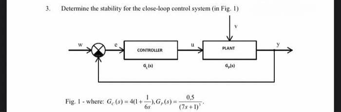 3. Determine the stability for the close-loop control system (in Fig. 1)
V
PLANT
CONTROLLER
6,10)
0,5
Fig. I - where: G.(s) 4(1+
6s
(7s + 1)
