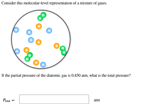 Consider this molecular-level representation of a mixture of gases.
If the partial pressure of the diatomic gas is 0.450 atm, what is the total pressure?
Potal =
atm
