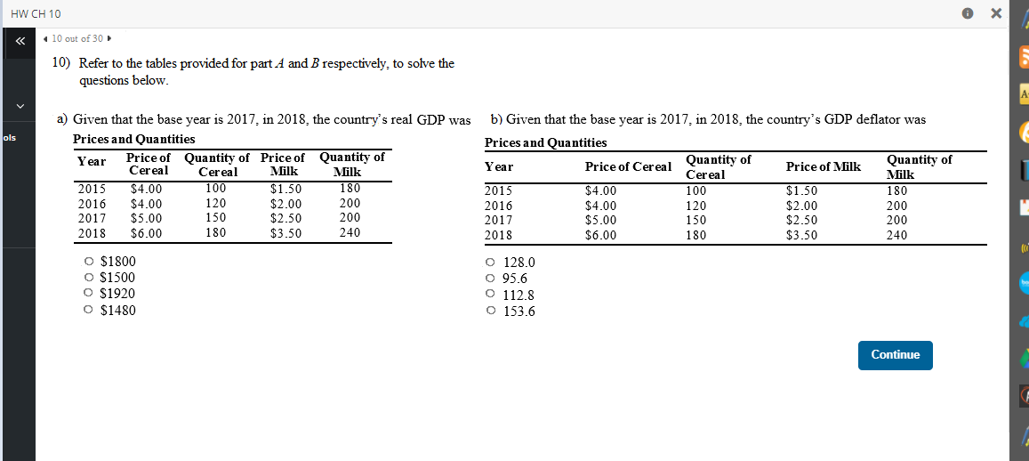 HW CH 10
« 10 out of 30
10) Refer to the tables provided for part A and B respectively, to solve the
questions below.
a) Given that the base year is 2017, in 2018, the country's real GDP was
b) Given that the base year is 2017, in 2018, the country's GDP deflator was
ols
Prices and Quantities
Prices and Quantities
Price of Quantity of Price of Quantity of
Milk
$1.50
Price of Cereal Quantity of
Cereal
Year
Price of Milk
Quantity of
Cereal
Year
Milk
180
Cereal
Milk
$4.00
100
$4.00
$4.00
$5.00
$6.00
$1.50
$2.00
$2.50
$3.50
2015
2015
100
180
$4.00
$5.00
$6.00
120
$2.00
$2.50
$3.50
2016
200
2016
2017
120
200
2017
150
200
150
200
2018
180
240
2018
180
240
O $1800
O $1500
O $1920
O $1480
O 128.0
O 95.6
O 112.8
O 153.6
Continue

